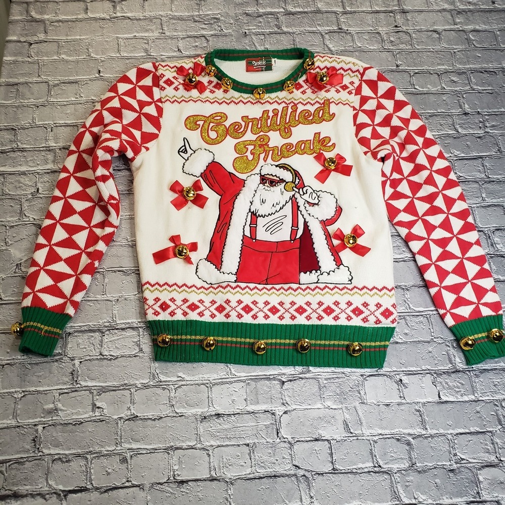 Spencers CERTIFIED FREAK Ugly Christmas Sweater Adult Large Lights Up and Music